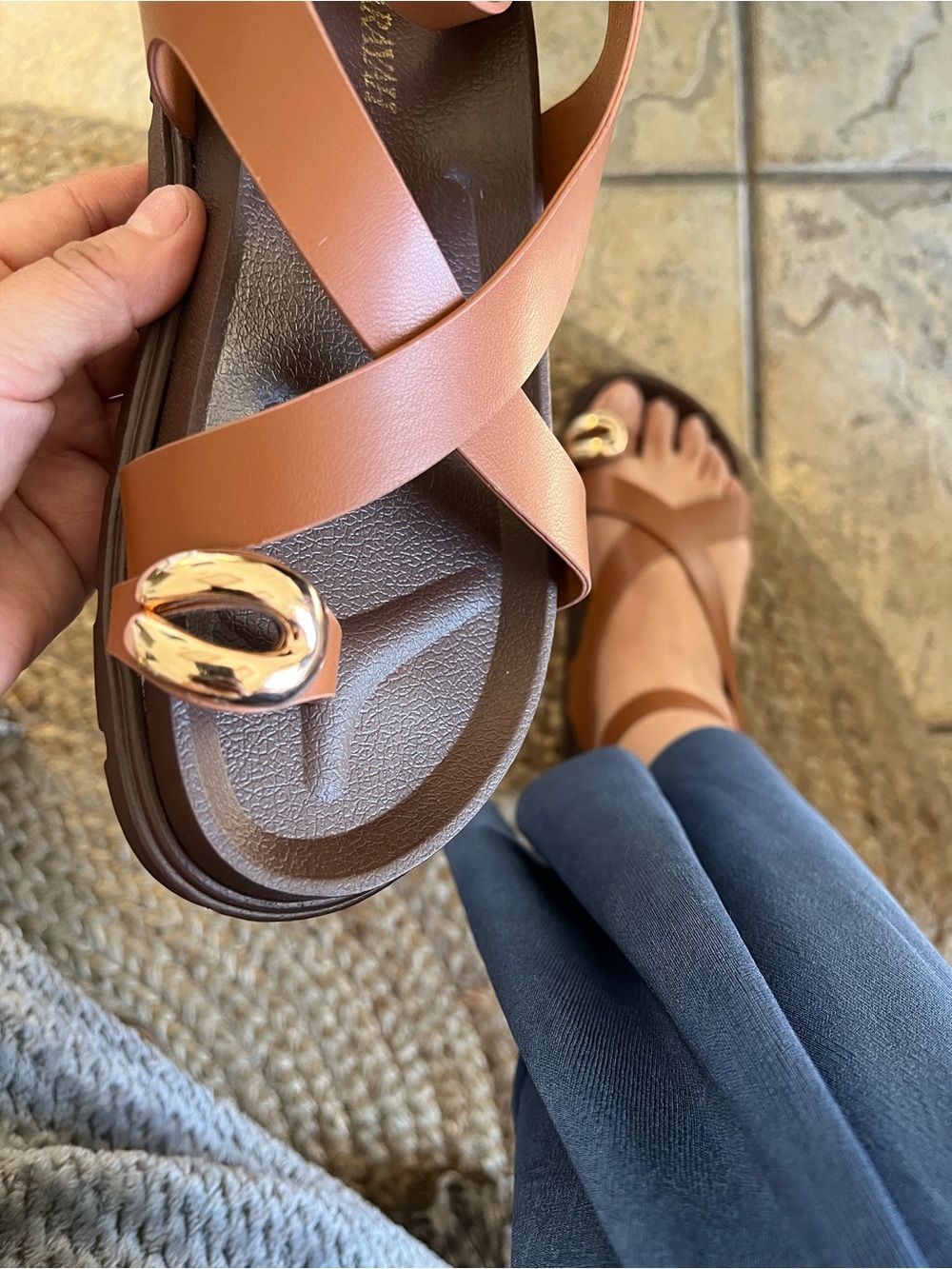 Women’s Tan Crisscross Slide Sandals with Toe Gold Accent with buckle strap
